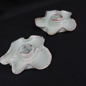 Leaf Shaped Candle Holders Mid Century Mint Green and Gold Speckled Taper Stand